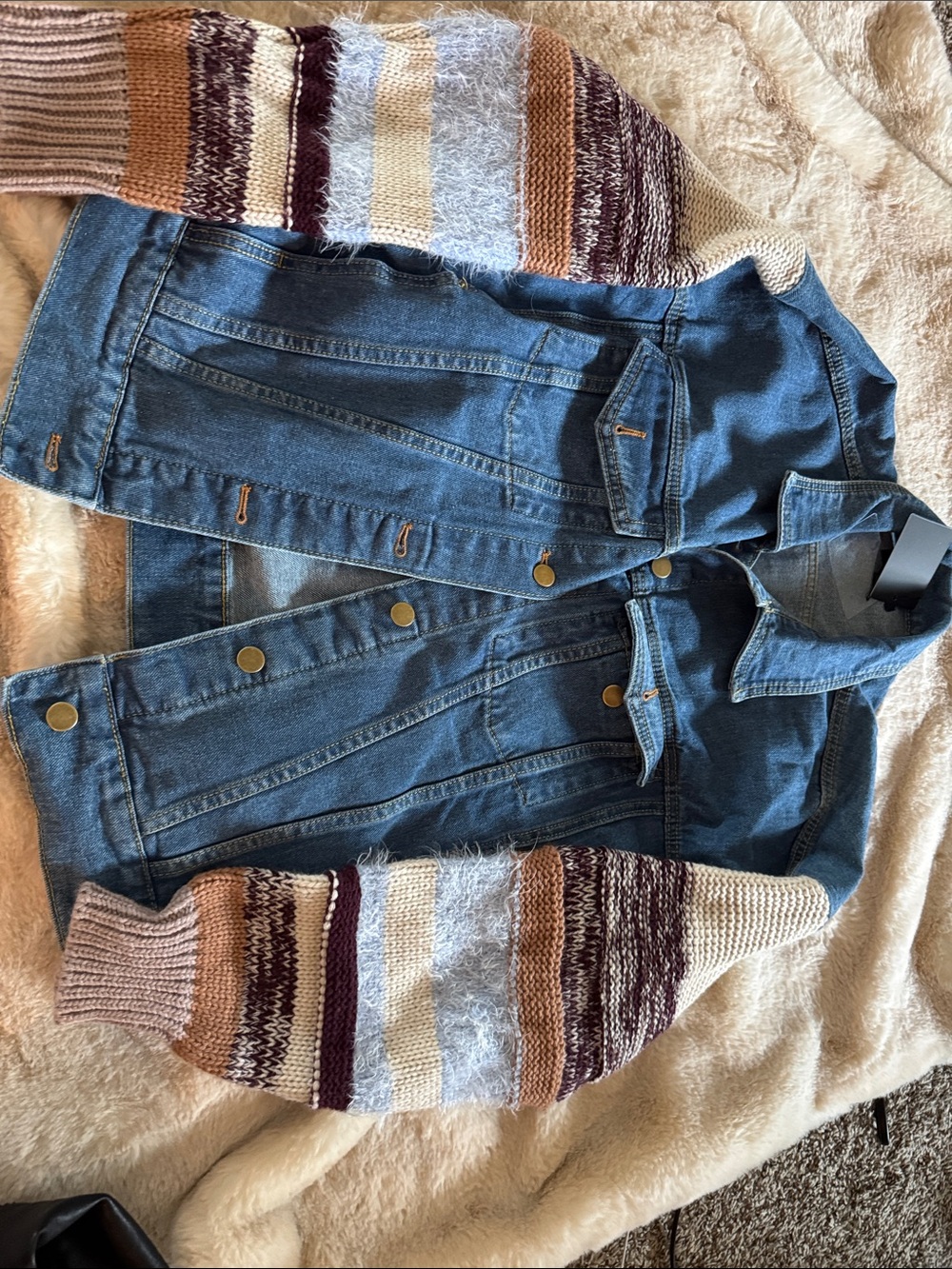 Fate Blue Denim Jacket with Striped Knit Sleeves